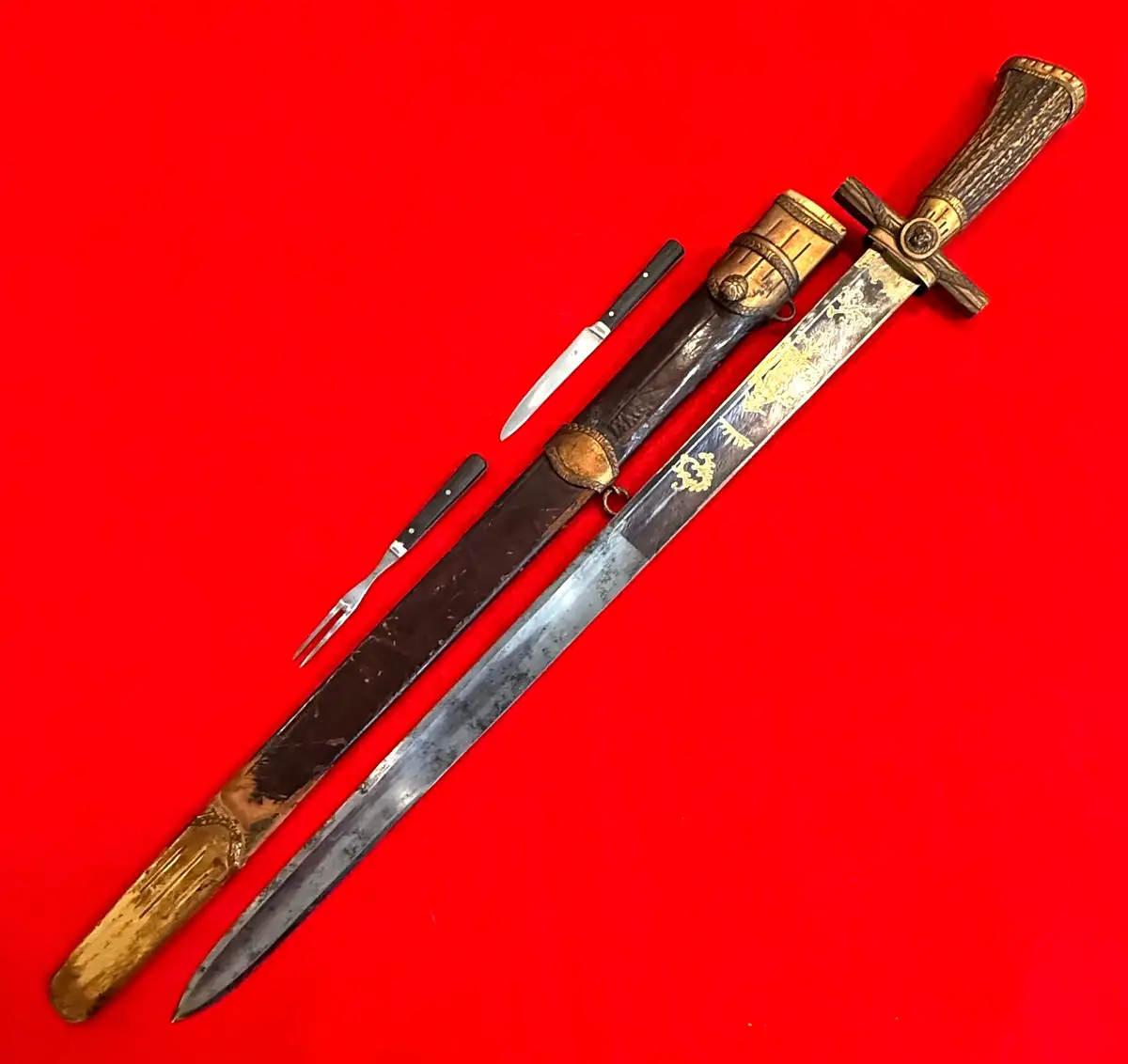 German Hunting Sword Set Blued and Gilt Blade - View 3