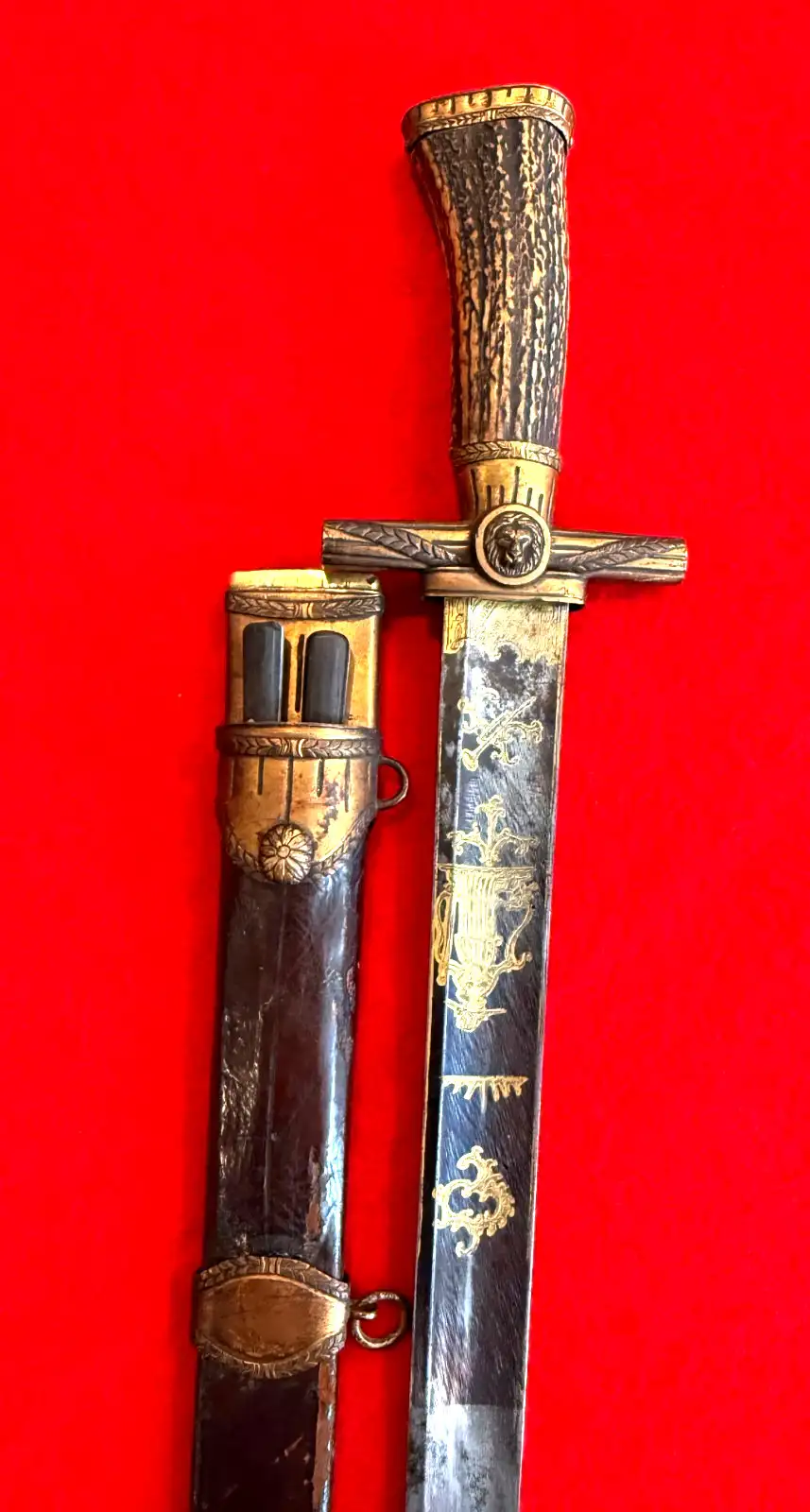 German Hunting Sword Set Blued and Gilt Blade - View 9